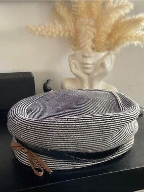 Striped Black and White Cotton Beret with Bow